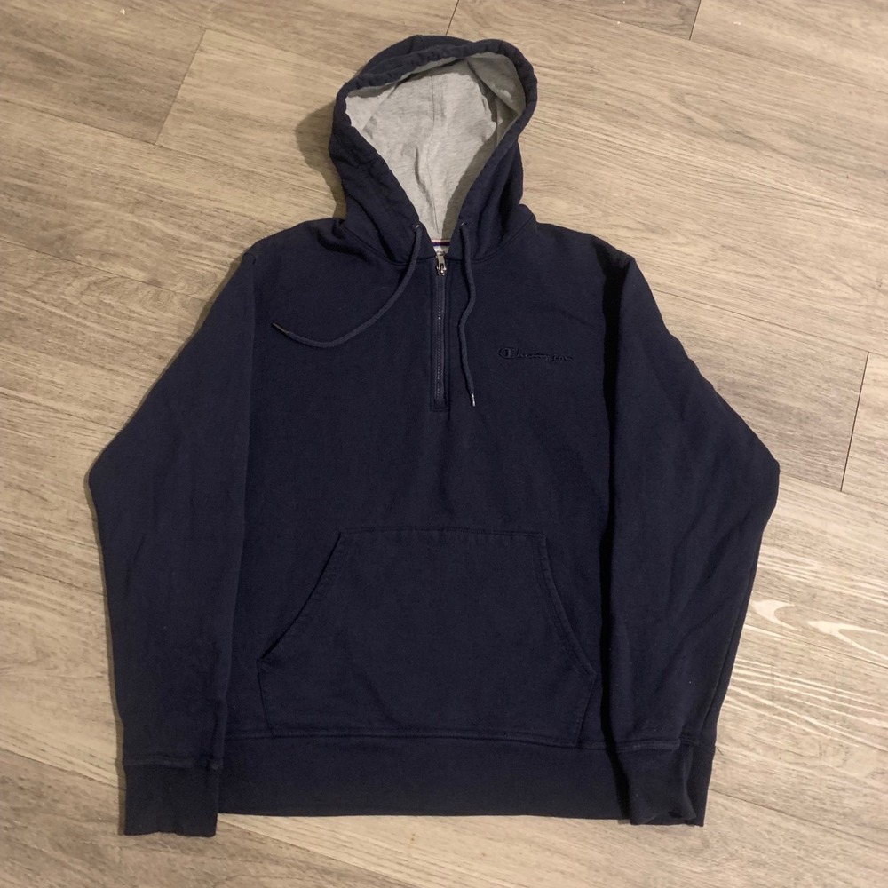 Champion Mens Quarter Zip Hoodie Navy Blue Embroidered Logo Size Medium